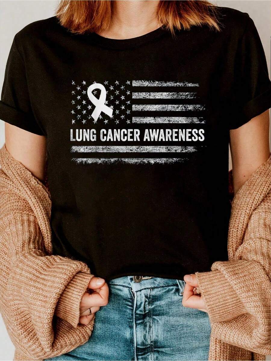 Lung Cancer Awareness Men Women White Flag Lung Cancer T-Shirt Printed T-Shirt - Soft, Breathable, Comfy 100% Cotton T-Shirt Crew Neck Tops - Ideal For Outdoor Activities, Casual Daily Wear, And Relaxation