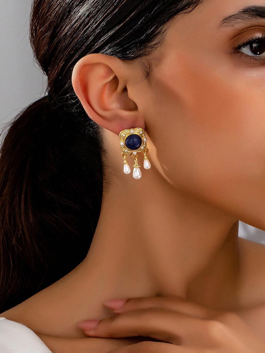 1 paar modieuze oorbellen voor dames, vintage geometrisch vierkant imitatieparelontwerp, elegant en veelzijdig voor dagelijks gebruik, geschikt als cadeau