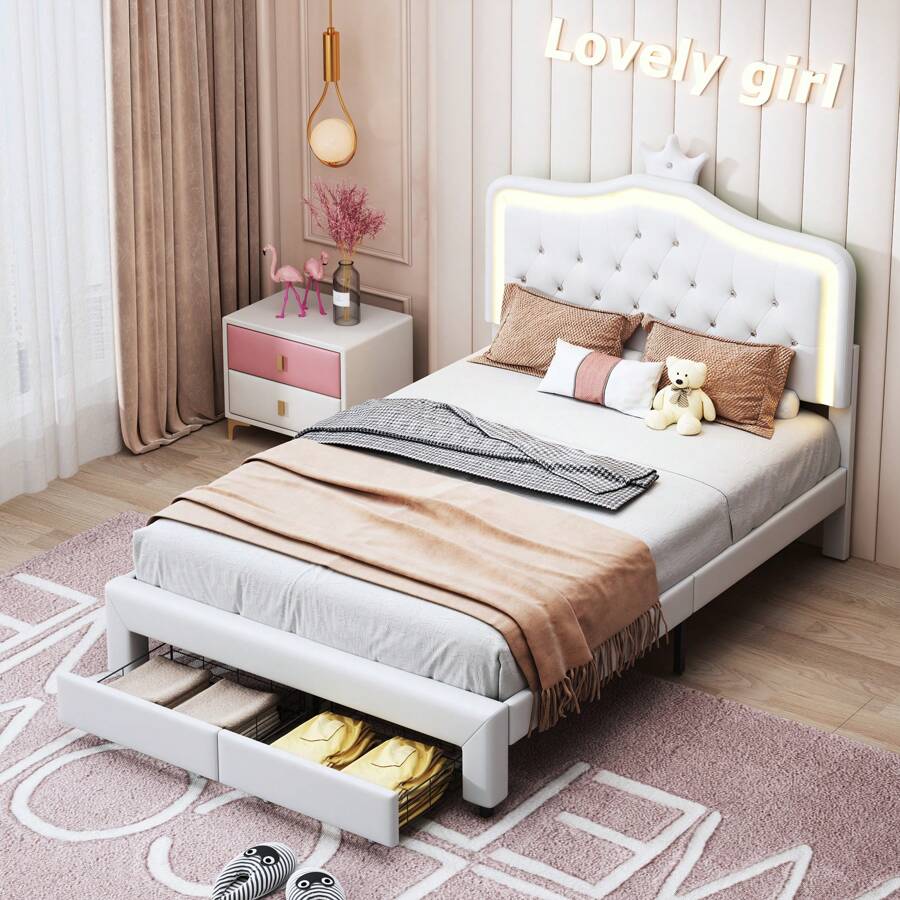 Creahappy Lit rembourré - double - avec éclairage LED - 2 tiroirs et tête de lit réglable - Cadre de lit avec lattes en bois - Convient aux lits adultes et adolescents - Blanc - 140x200 cm