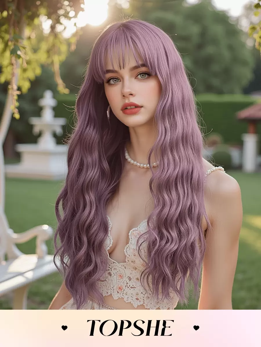 TOPSHE High Quality 26-Inch Synthetic Heat-Resistant Fiber Wig With Long Curly Purple Bangs Women's Wig Is Perfect For Holiday Party Everyday Wear