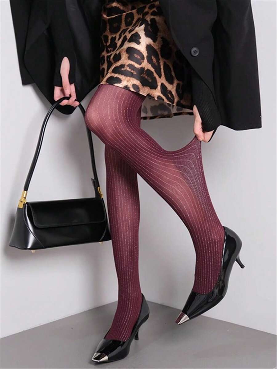 1pc Women High-End Vintage Metallic Thread Vertical Striped Shaping Pantyhose, Sexy & Fashionable