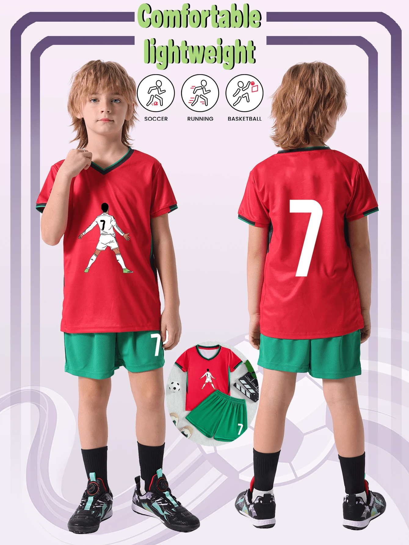 Set de 2 piezas de ropa informal deportiva de secado rápido de manga corta para niño preadolescente, adecuada para ocio, deportes, fútbol, actividades de equipo, diseño estampado