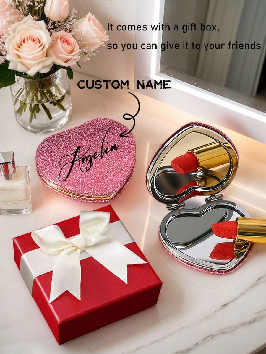 1 Stück personalisierter herzförmiger Kompaktspiegel, mit individuellem Text, Logo oder Foto, tragbarer Make-up Spiegel für Mädchen, tolles Geschenk für Freundin, Mitschüler, Valentinstag, Weihnachten, Geburtstag