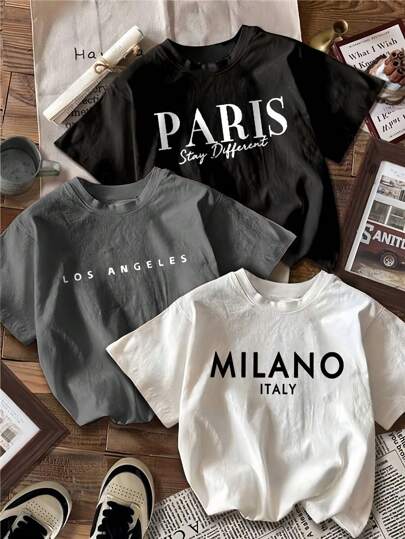 3pcs/Set Girls' Casual Printed Round Neck Short Sleeve T-Shirt, Colorful Summer Student Youth Clothing