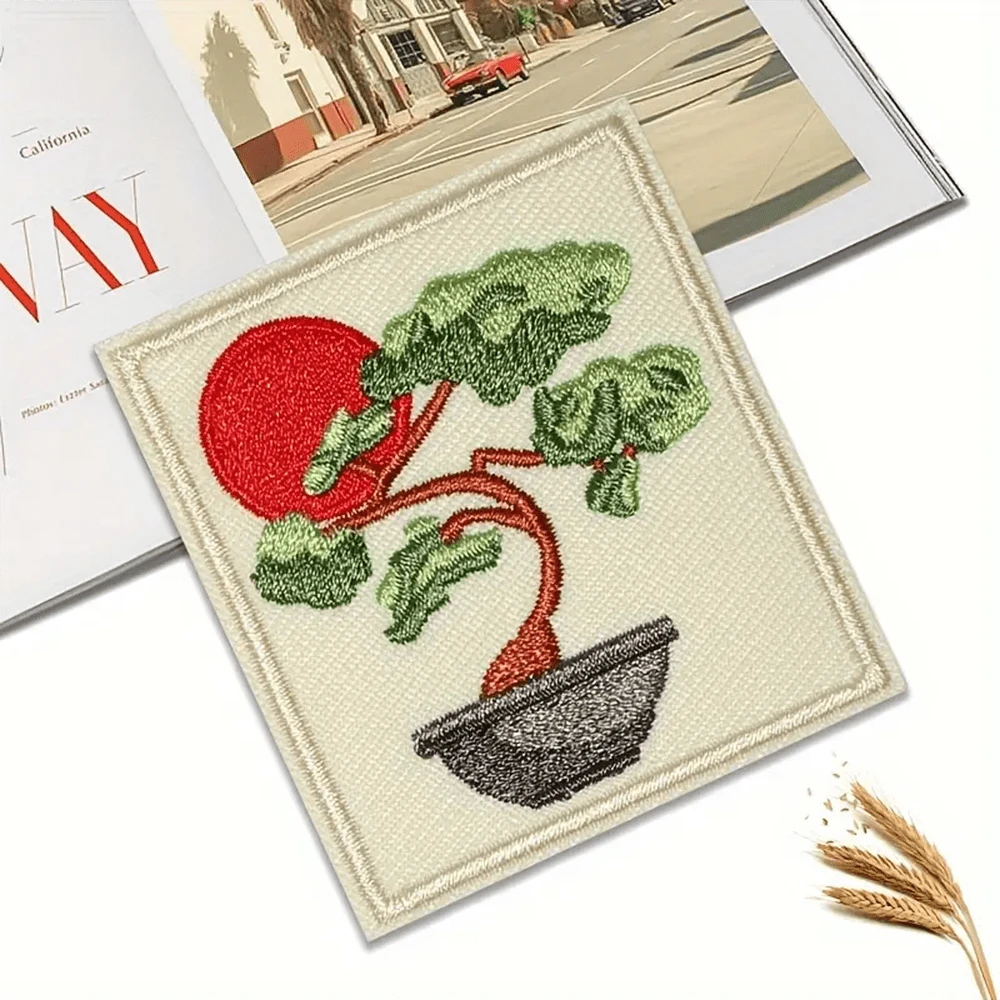 1pc Mixed Color Bonsai Tree Iron-On Patch - Vibrant Red & Green Embroidered Applique For DIY Decor, Jackets, Backpacks, Jeans & Tees
