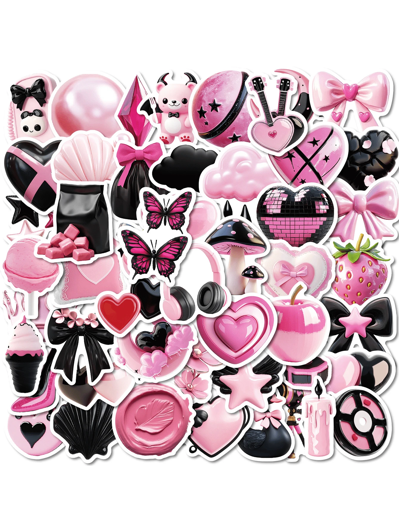 50 Pcs Creative 3D Black And Pink Style Cool Graffiti Stickers, Vinyl Waterproof Girl's Heart Series Stickers, Suitable For Water Bottles, Laptops, Suitcases, Computers, Phone Cases, Diaries, Gifts For Students, Girls And Ladies