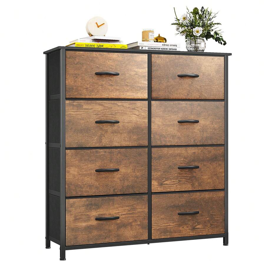 Commode, 8 Tiroirs en Tissu Commode Chambre Meuble de Rangement, Cadre en Métal,pour Chambre à Coucher, Salon,Gris Profond