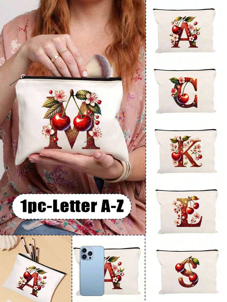 Witte make-uptas van polyestervezel, kleine witte tas, glanzend gouden kersenrode letters A-Z bedrukt patroon, make-uptas, draagbare toilettas, Moederdagcadeau, perfect cadeau voor moeders, herbruikbare make-uptas, eenvoudige grote capaciteit reismake-uptas voor vrouwen, oortelefoon, datakabel, accessoire-opslag, muntzak, multifunctioneel draagbaar cadeau voor vrouwen