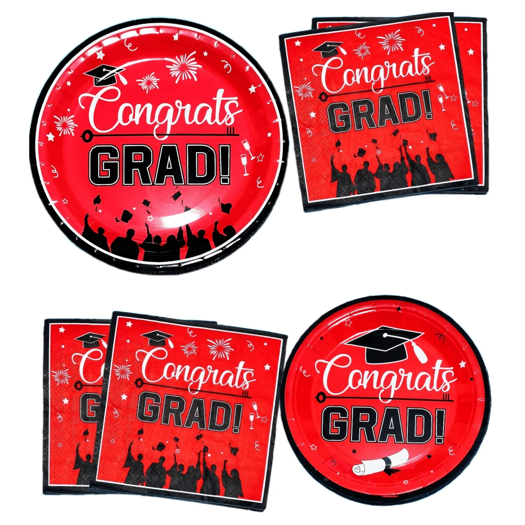 Hakunofo 72Pcs Graduation Party Supplies 2025 Graduation Party Dinnerware Set, Red Disposable Paper Plates Napkins For Congrats Grad Party Decorations, Serve 24