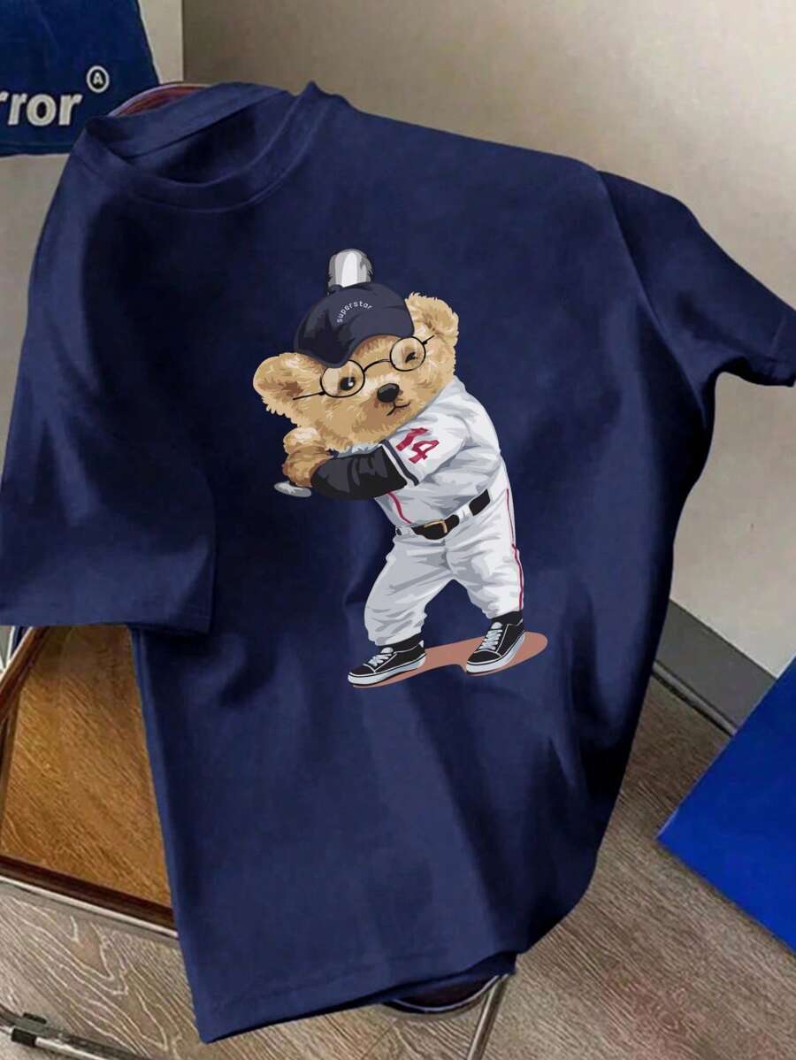 1 pieza Camiseta de béisbol de manga corta con estampado de oso para niño preadolescente, apta para el verano