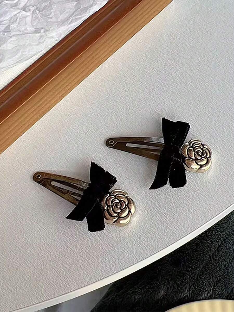 1 Pair Black Velvet Bowknot Simulated Copper Vintage Camellia Hair Clips