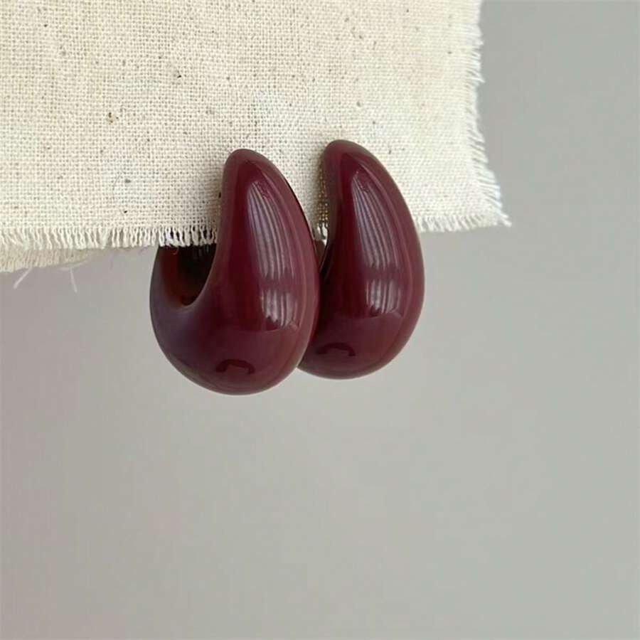 1 par de aretes geométricos de resina borgoña con aguja francesa retro plateada, aretes minimalistas y elegantes adecuados para uso diario de mujer, regalo para amigas y novias