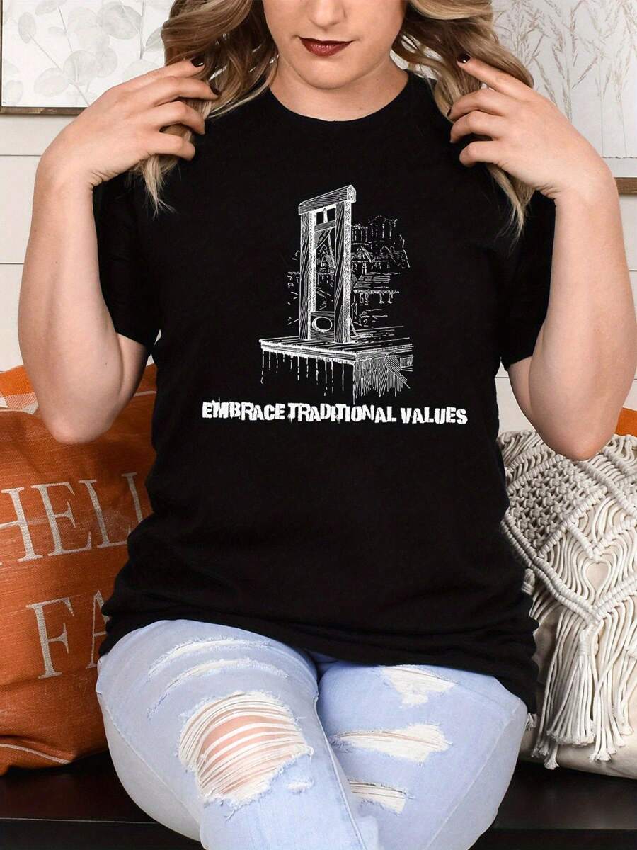 Eat The Rich Embrace Tradition Guillotine Shirt Tee Punk Society Anti Capitalism Antifa Karl Marx Class War Grunge T-Shirt, Loose Style For Women, Perfect For Holiday Parties & Gift, Comfort Fit Short Sleeve Classic Heavy Cotton T Shirt Printed Graphic Tee Women's Casual Short-Sleeved Top