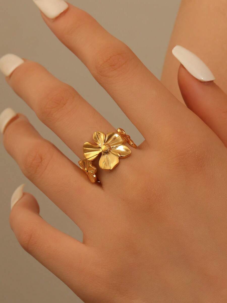 COINBUFF Anillo abierto de acero inoxidable elegante y con estilo con diseño floral