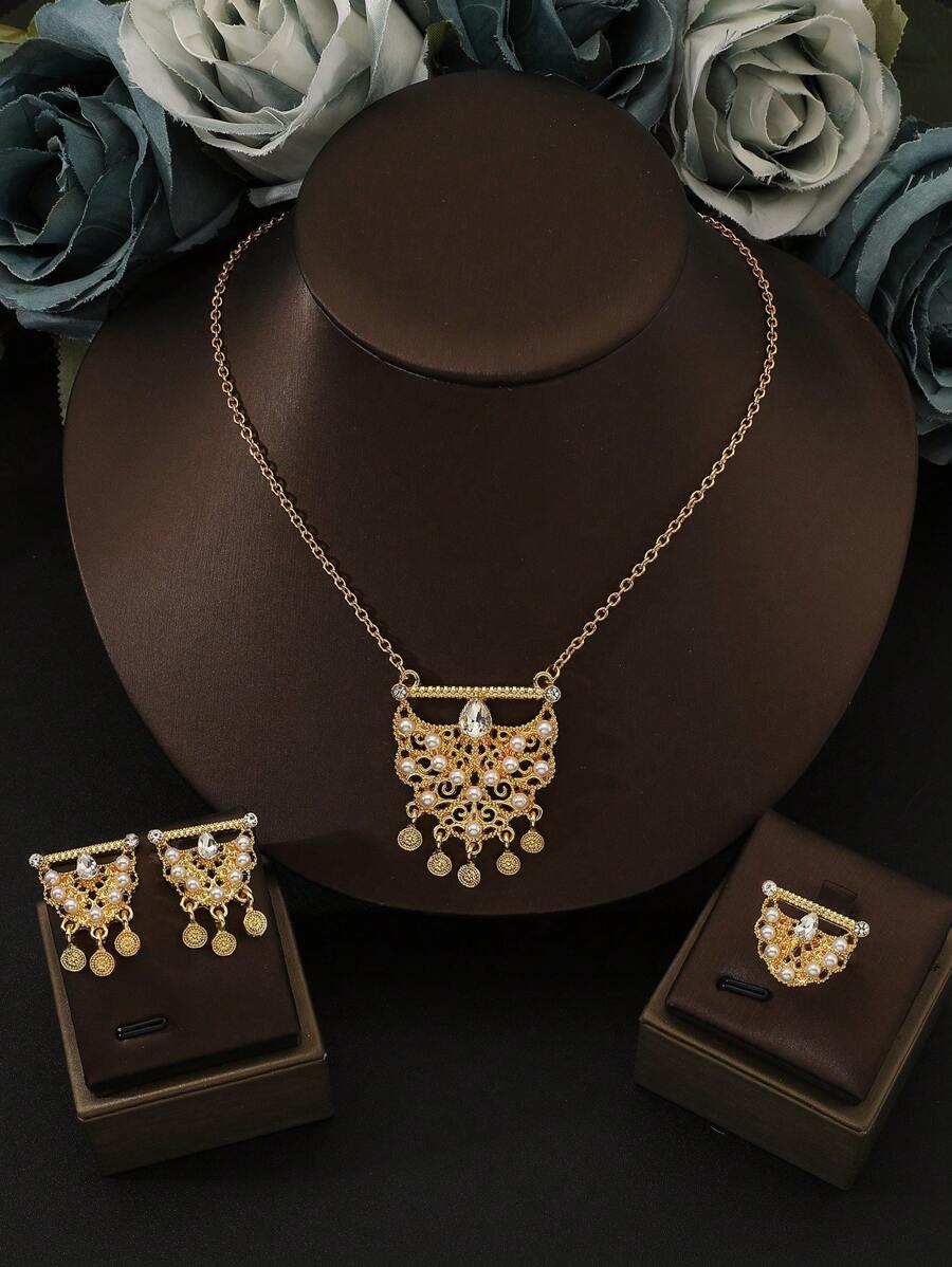 4 pièces/set Collier pendentif à franges avec perle zirconium forme goutte d'eau, boucles d'oreilles et bague assortis, au Moyen-Orient, convient pour les mariées, les bijoux de mariage, les cadeaux de fête
