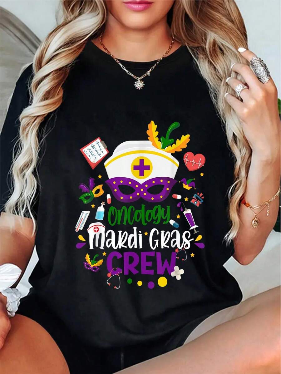 Oncology Mardi Gras Nurse Crew Family Group Nursing Lovers T-Shirt Women's Men's Graphic Tee Causal Tops