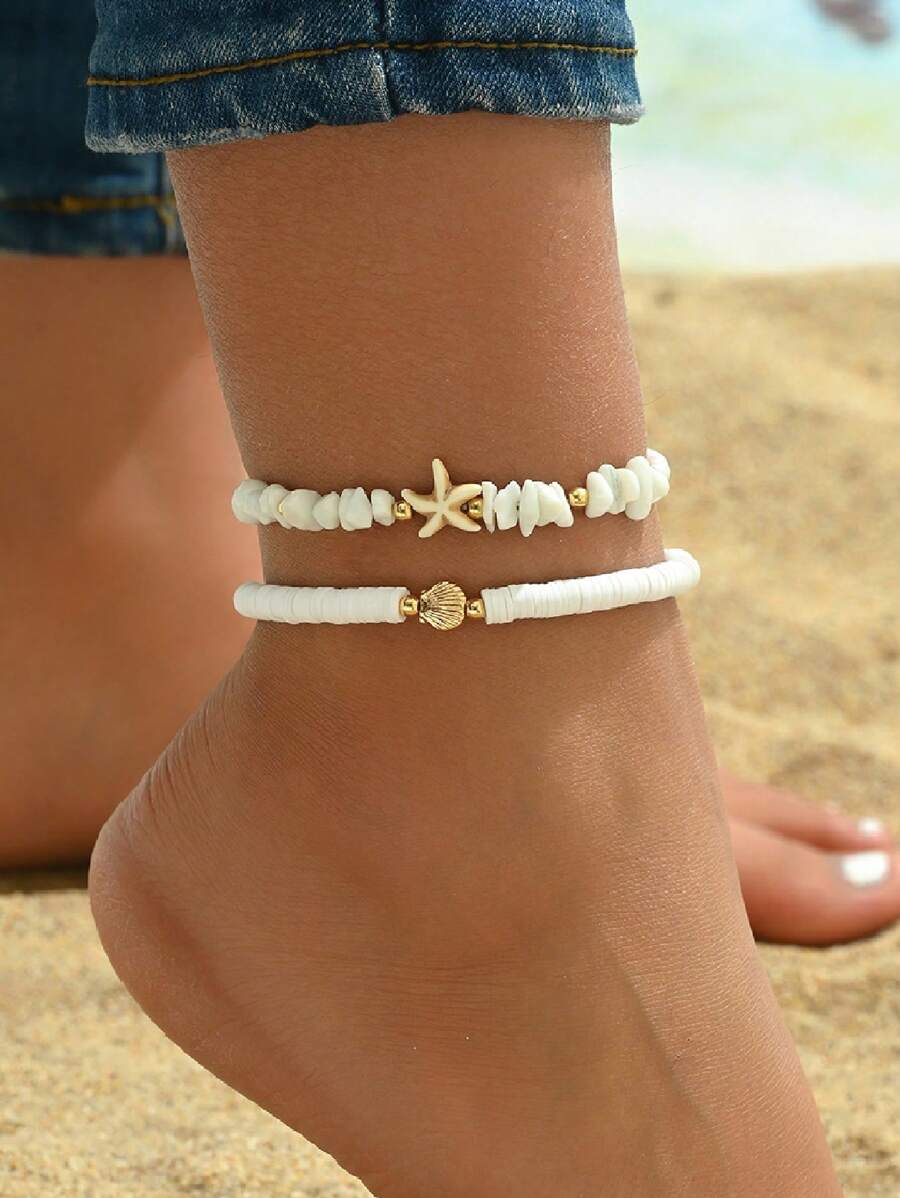 Set de 2 piezas Tobilleras hechas a mano con conchas, turquesa y estrellas de mar, estilo veraniego y oceánico de metal, adecuadas para uso diario, playa y fiesta