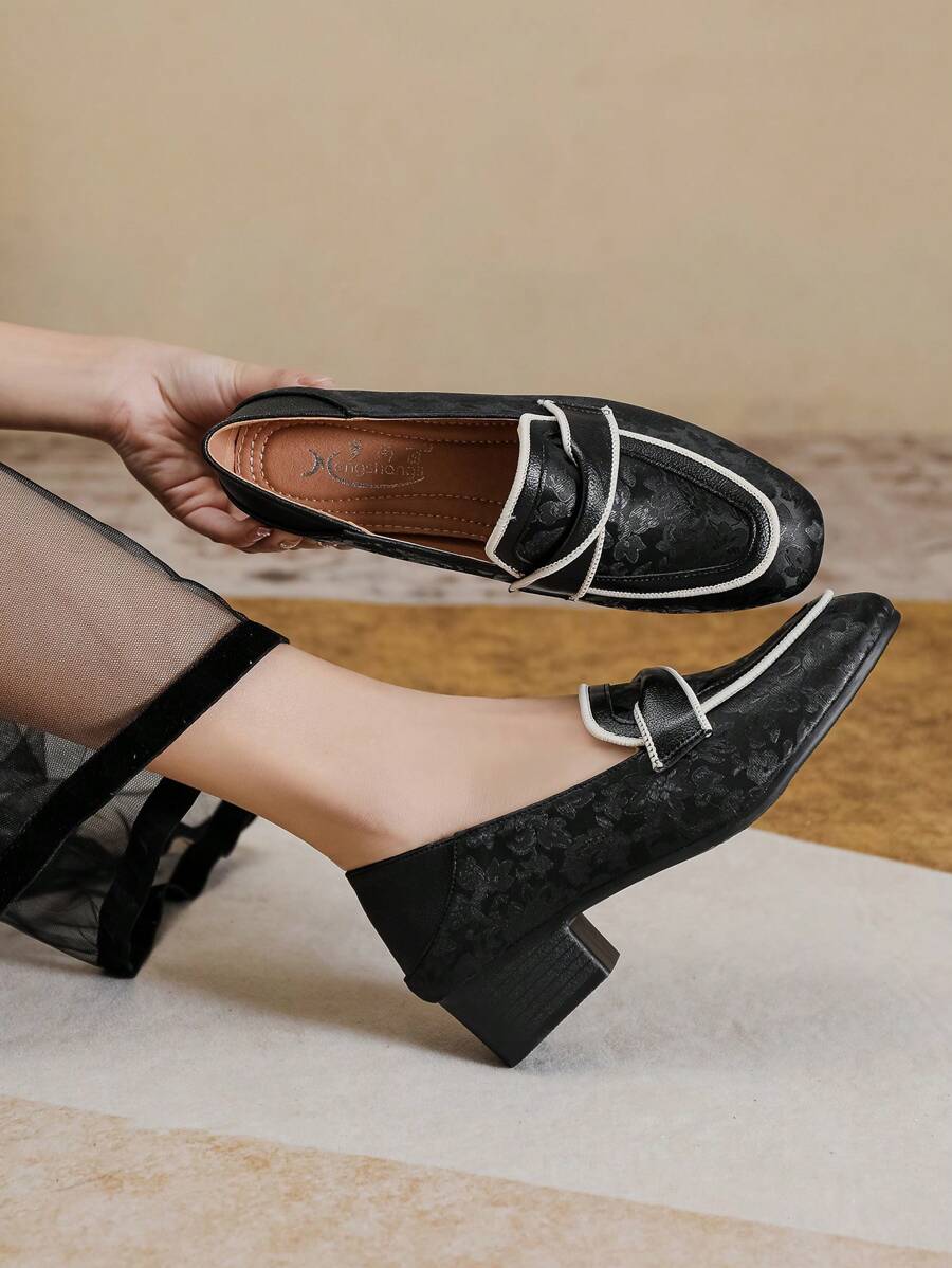 Mengshangli French Retro Square Toe Thick Heel Shoes For Women, All-Season Fashion Shallow High Heels Business Soft Leather Shoes