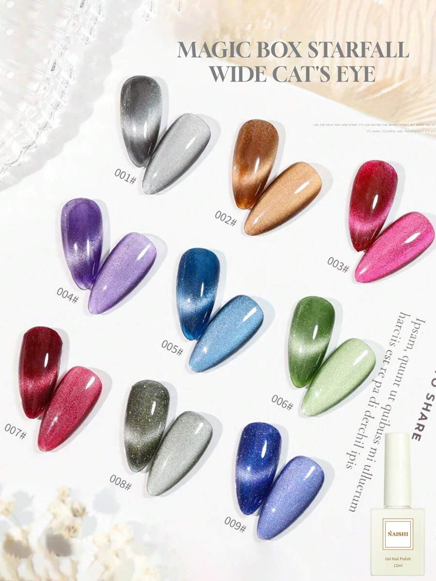 9 Color Options, 12ML Per Bottle, Golden Autumn And Winter Christmas, Aurora, Rainbow Mermaid, Ji Magic Box, Wide Cat's Eye, Cat's Eye Nail Polish Glue, 2025 New Porcelain Gold Popping Nail Polish, Crystal Porcelain White Glass Beads, Cat's Eye Nail Art, Suitable For All Women, Shopping, Dating, Commuting, Home DIY Nail Salon, With LDE Light, Ultraviolet Primer, Cover Glue, Use