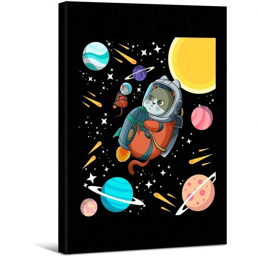 Cat Astronaut In Space Large Wooden Framed Wall Art Home Decor Canvas Painting- For Bedroom, Bathroom, Living Room, Office, Kitchen, Holiday Gift- 1pc