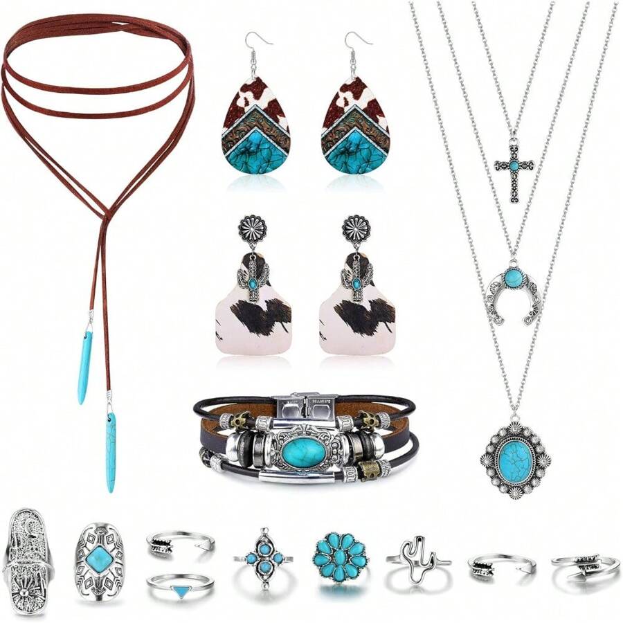 Western Jewelry For Women Bohemian Turquoise Jewelry Set Turquoise Pendant Choker Necklace Turquoise Faux Leather Cuff Bracelet Turquoise Hoop Dangle Earrings Turquoise Joint Knuckle Rings