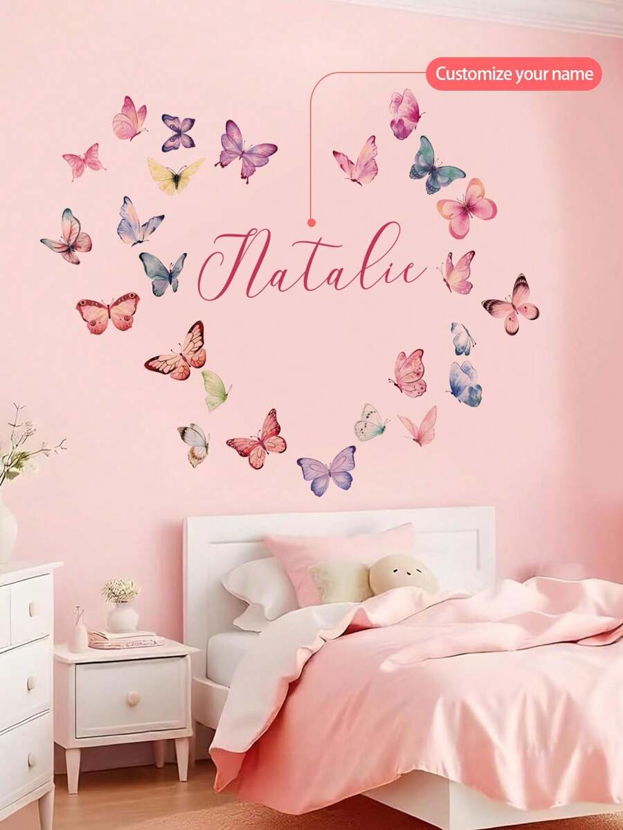 1PC 120x30CM / 47.2x11.8Inch Custom Butterfly Name Wall Sticker – Floral Design With Personalized Name – Kids Room Or Nursery Decor Back To School