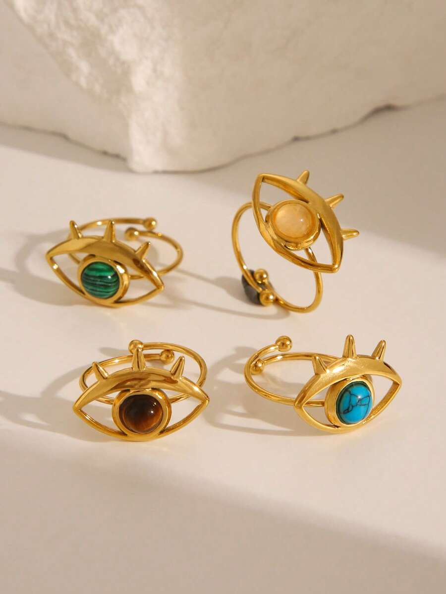 1pc Fashionable Exaggerate Luxurious Golden Devil's Eye With Blue-Green Turquoise Adjustable Ring, Stainless Steel 18k Design, Suitable For Women To Wear For Daily, Festival, Party, Gathering, Date Or Gift