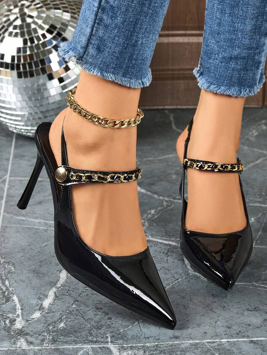 Women's Patent Leather Chain Decor Sexy Pointed Toe Stiletto High Heel Sandals, Fashion French Style