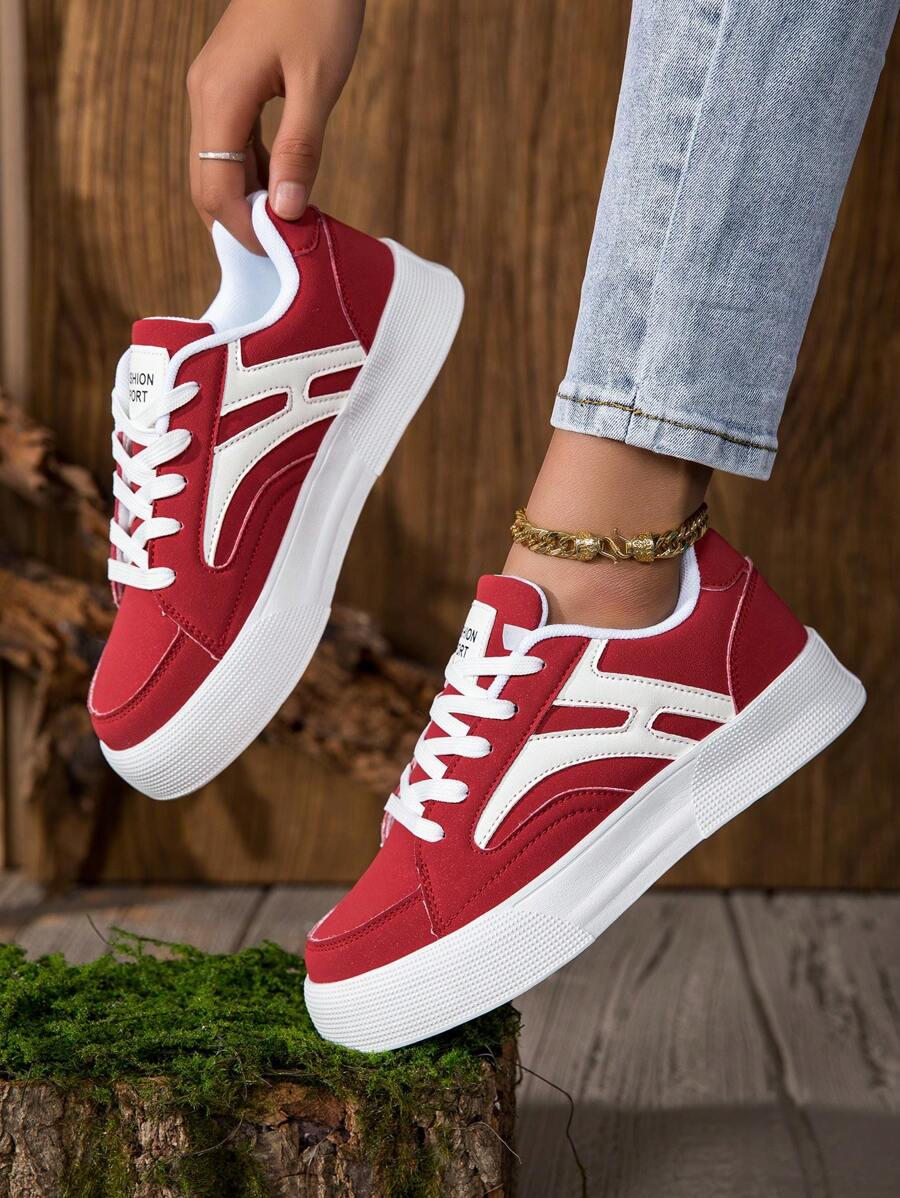 Women's Solid Color Casual Sneakers, Lace-Up Soft Bottom Thick Sole Skateboard Shoes, Versatile Low-Top Comfortable Shoes
