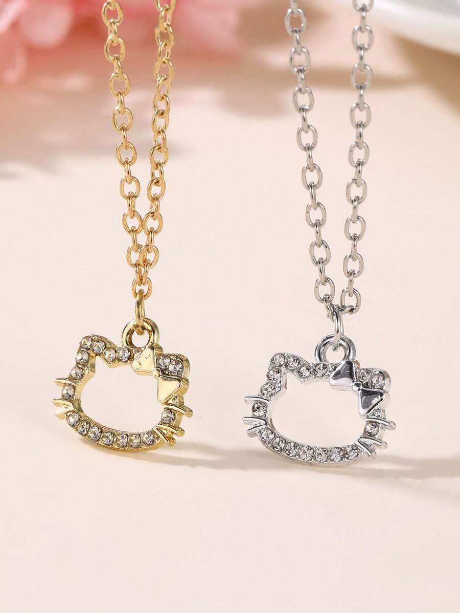 Sanrio Colgante de gato con incrustaciones de diamantes Sanlio, 2 colgantes en combinación, collar de clavícula para parejas de novias, buen regalo para amigos