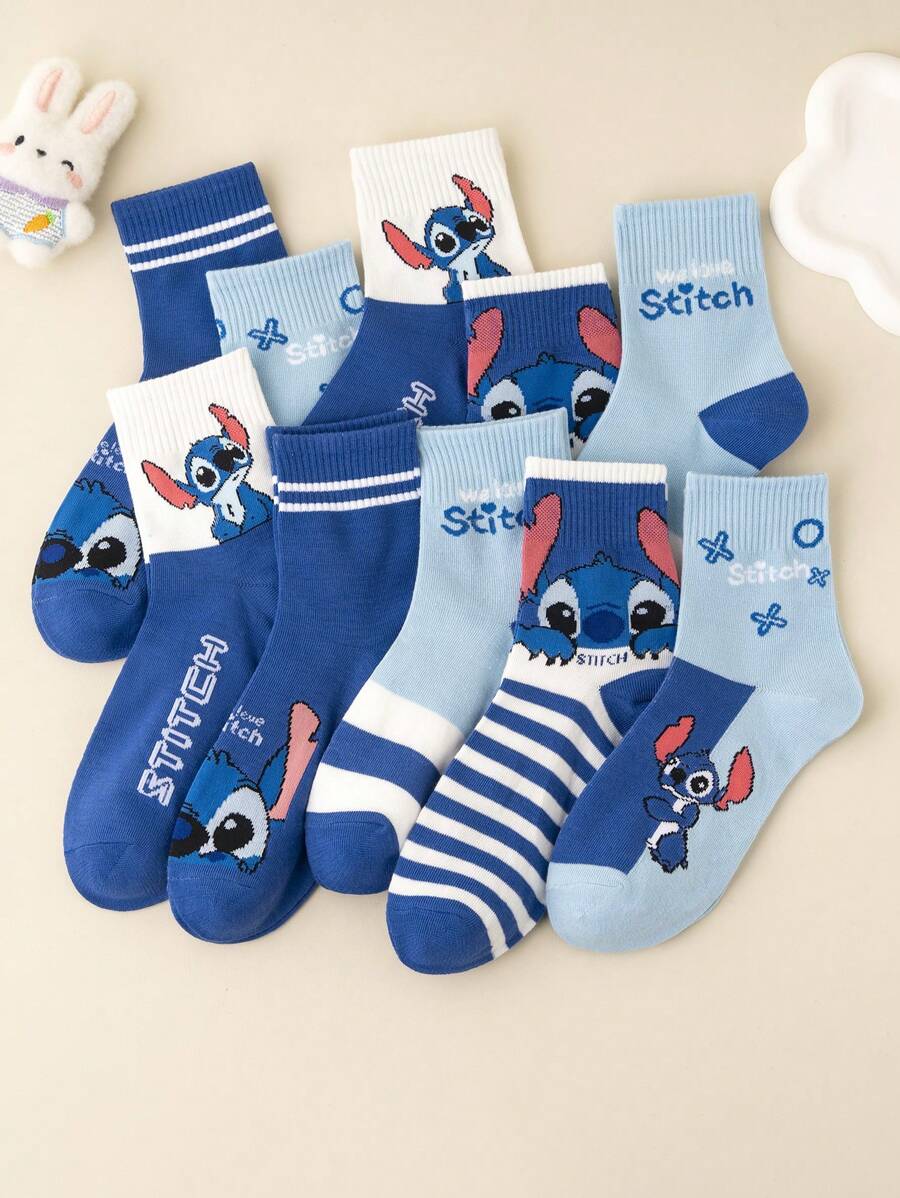 Disney 5 pares de calcetines tipo tubo unisex con diseños de anime Lilo y Stitch, calcetines de la película de dibujos animados con patrones de dibujos animados lindos, aptos para uso diario