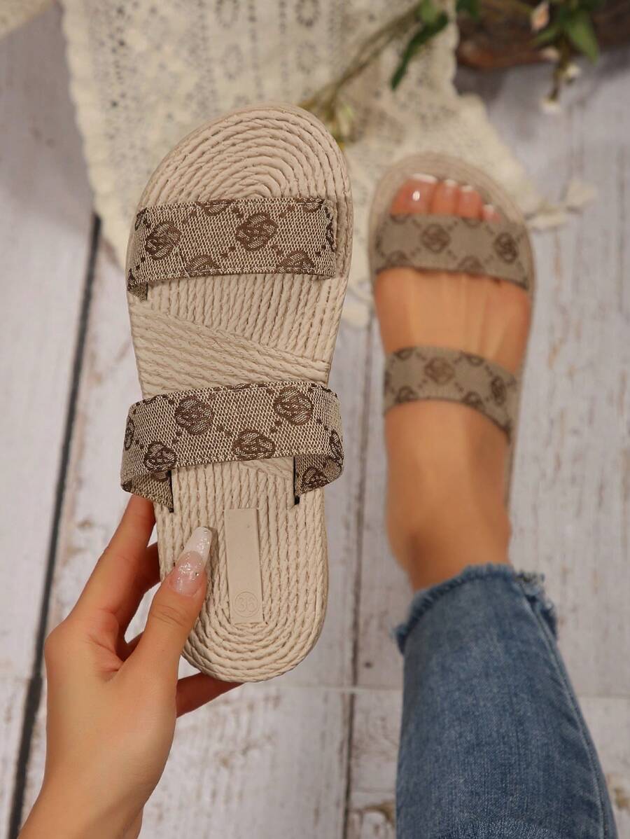 Plus Size Women's Vintage Floral Flat Strap Platform Sandals, Soft Outsole Beach Slippers, Niche Roman Style Sandals