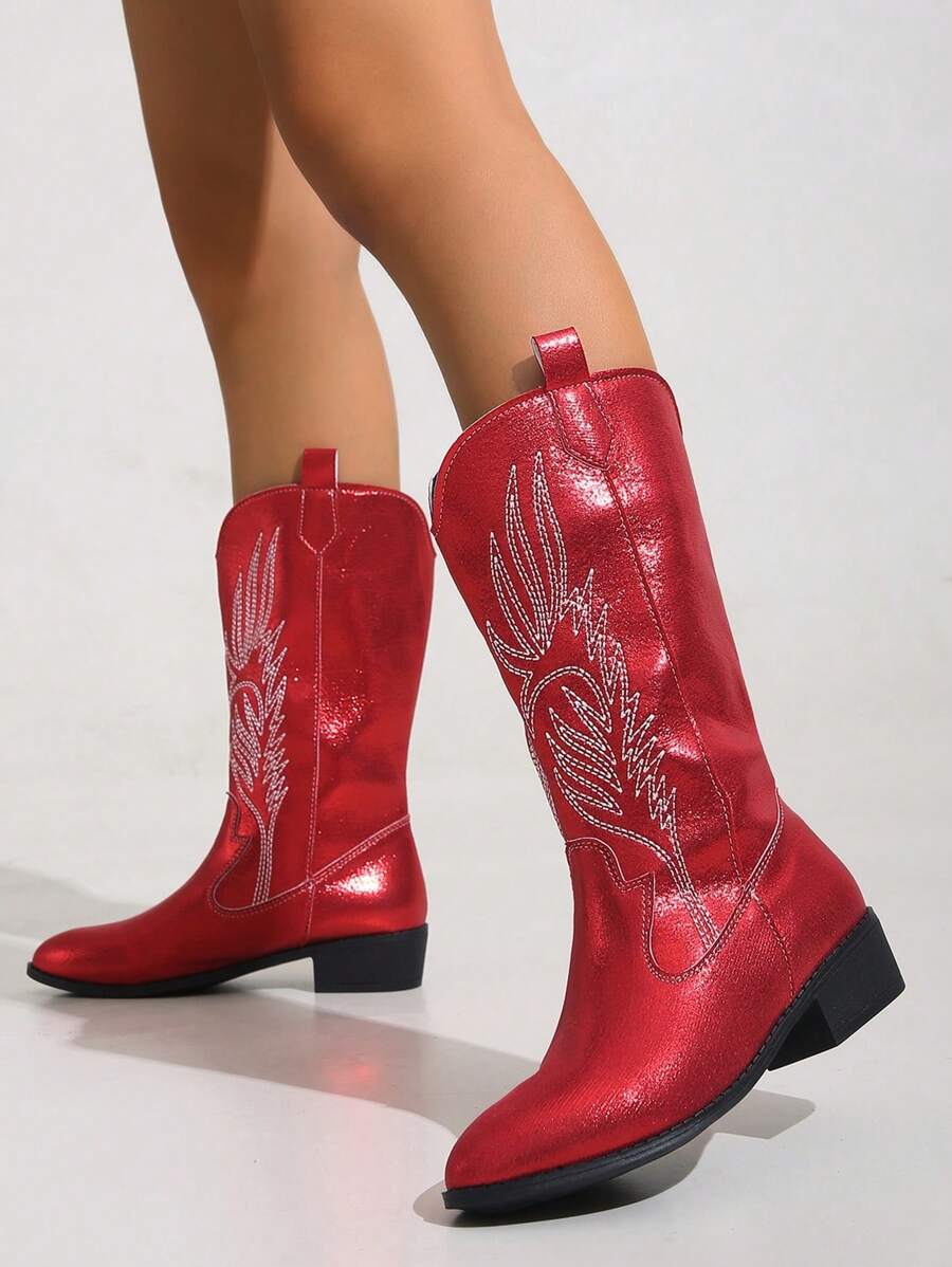Women's New American Vintage Embroidered Canvas Pointed-Toe Western Boots, Passionate Red Glitter Canvas Cool Fashion High Boots, High Heel Chunky Heel Riding Boots, Fashionable Punk Style Chelsea Boots