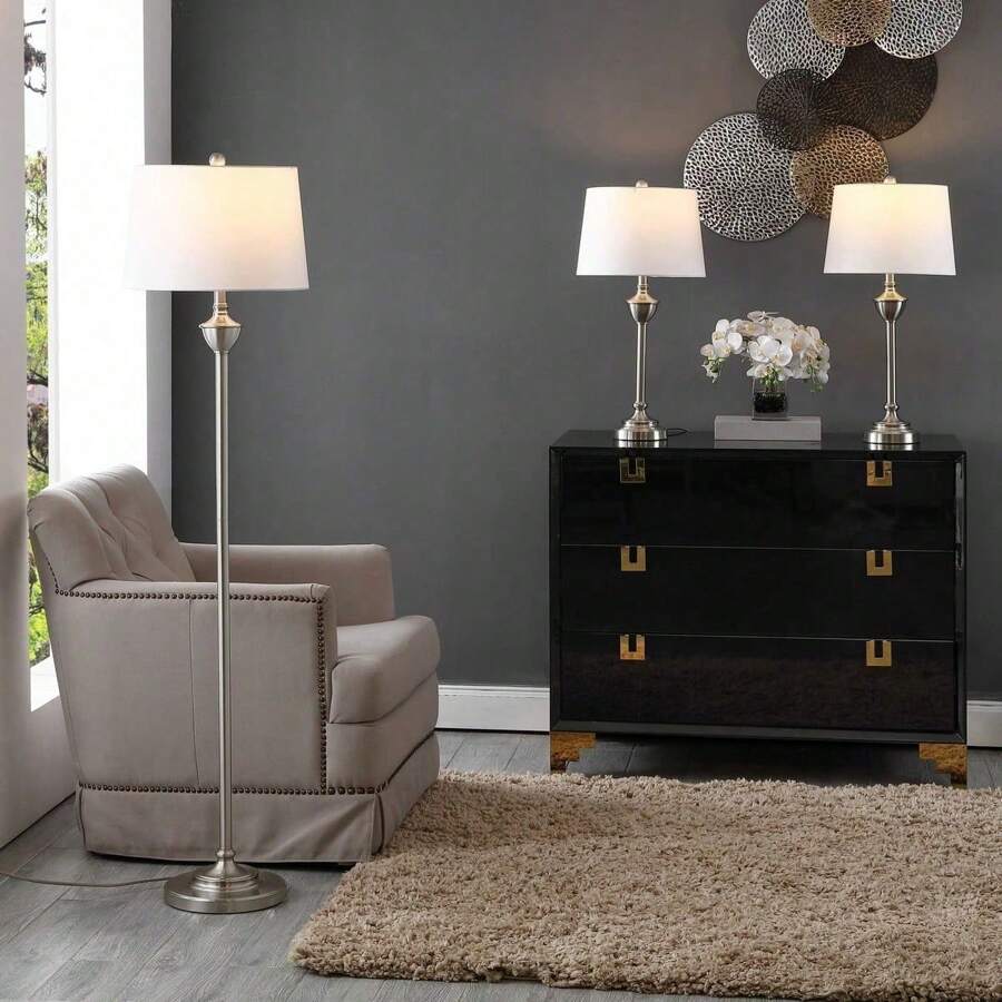 Peltier Classic Floor And Table Lamps Set Nickle Set Of 3