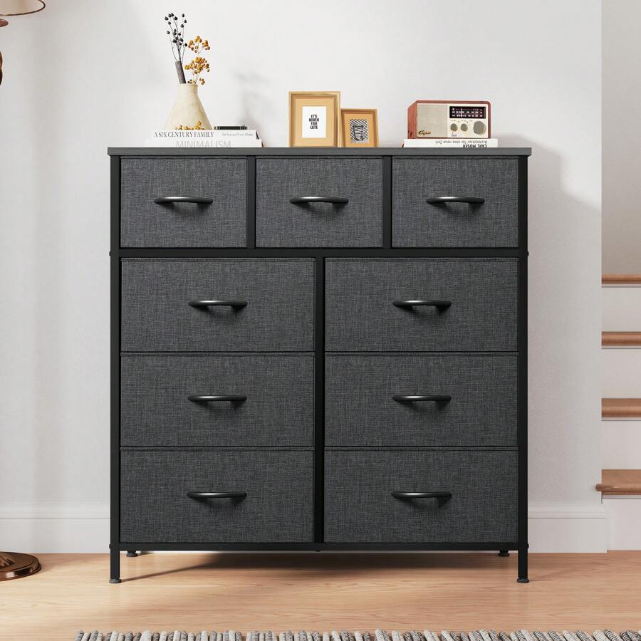 Commode, 9 Tiroirs en Tissu Commode Chambre Meuble de Rangement, Cadre en Métal,pour Chambre à Coucher, Salon,Gris Profond