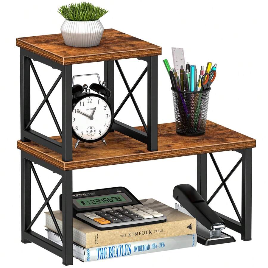 Desk Shelf, 15.7" Desktop Shelf Organizer, Freestanding Small Desktop Bookshelf, 2 Tier Independent Stackable Desk Display Rack, Desk Organizer Shelf For Office, Dorm, Home