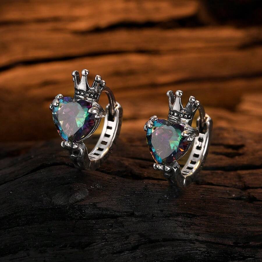 1 par de pendientes de aro con forma de corona y corazón de circonita geométrica para mujer, joyería fina de moda, accesorios minimalistas