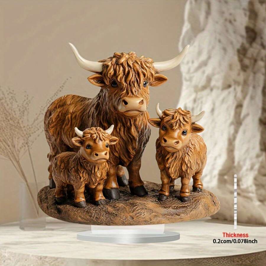 1pc Flat 2D Highland Cow Statue, Boho Quartz Crystal Tabletop Decor, Multi-Purpose Animal Themed, Suitable For Home, Office, Cafe, Classroom - Shaggy Cow Figurine, In English Gifts Birthday Graduation