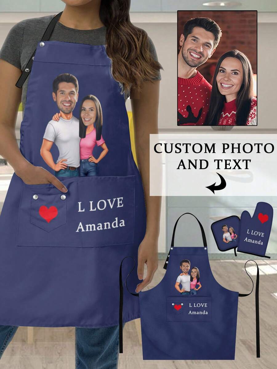 Customized 3-Piece Kitchen Apron Set, Personalized Couple Portrait Apron, Heat Resistant Gloves, Heat Resistant Pad. Suitable For Cooking, Industrial Production, Household Chores, Outdoor Grilling. Hand Or Machine Washable. Multiple Colors Available. Perfect Gift For Her/Him On Birthday, Anniversary, Christmas