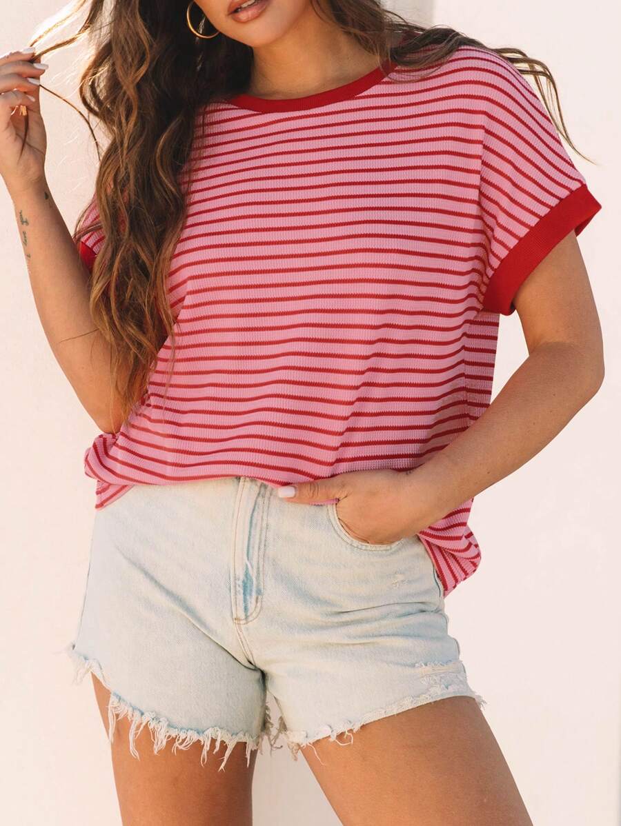 CILKOO Batwing Sleeve Striped Knitted Round Neck T-Shirt For Summer