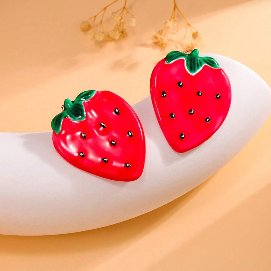 2 piezas de pendientes de metal con forma exagerada de gota de aceite con esmalte con diseño de fresa retro de moda, con color duradero, accesorios de moda para mujer, adecuados para uso diario, fiestas, viajes, actuaciones, combinación de ropa, regalos para amigos