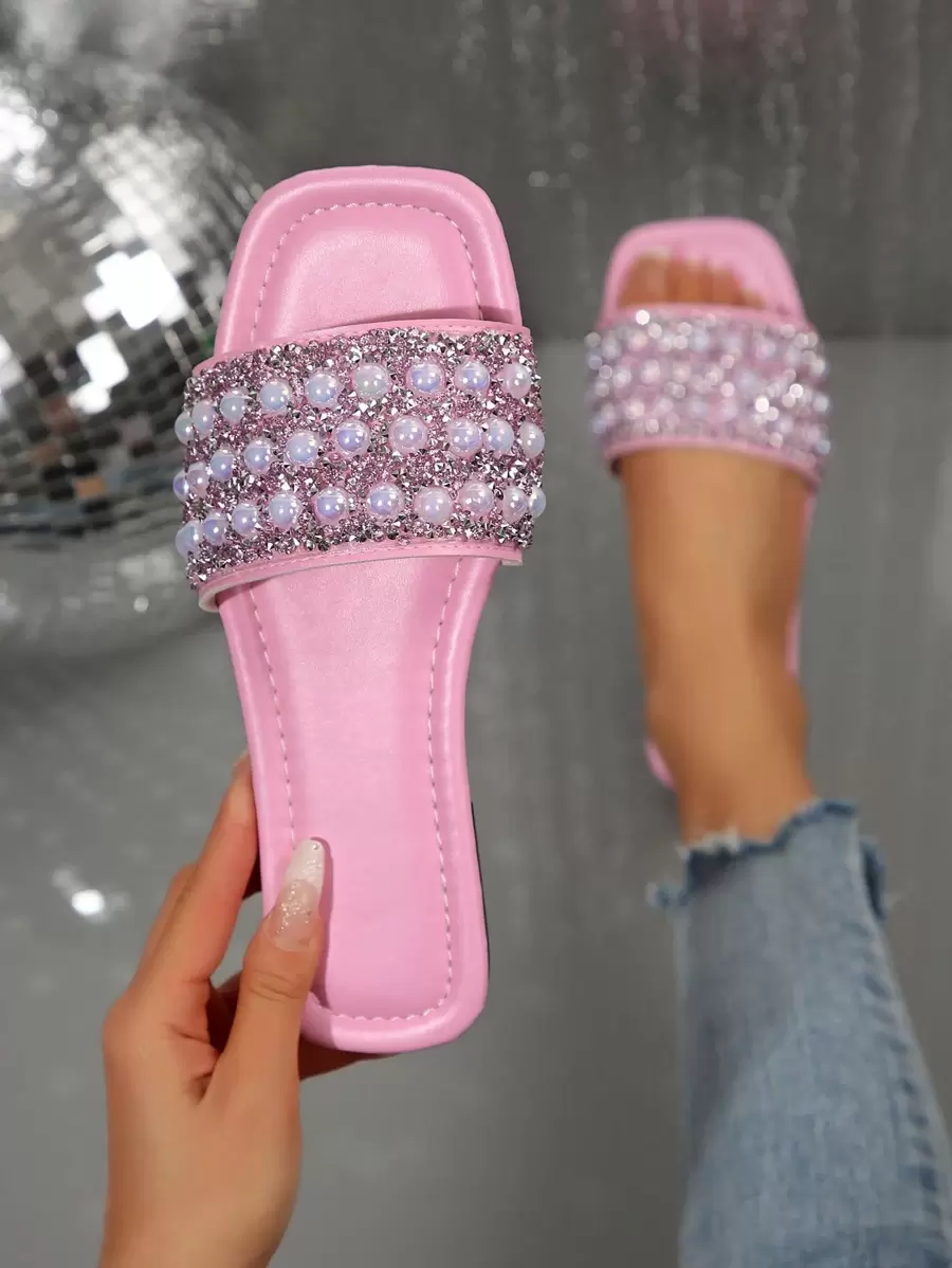 Women's Flat Sandals With Pearl And Rhinestone Decor, Solid Color Open Toe, Comfortable Casual Fashion Slip-On Mules Slippers, Multiple Colors