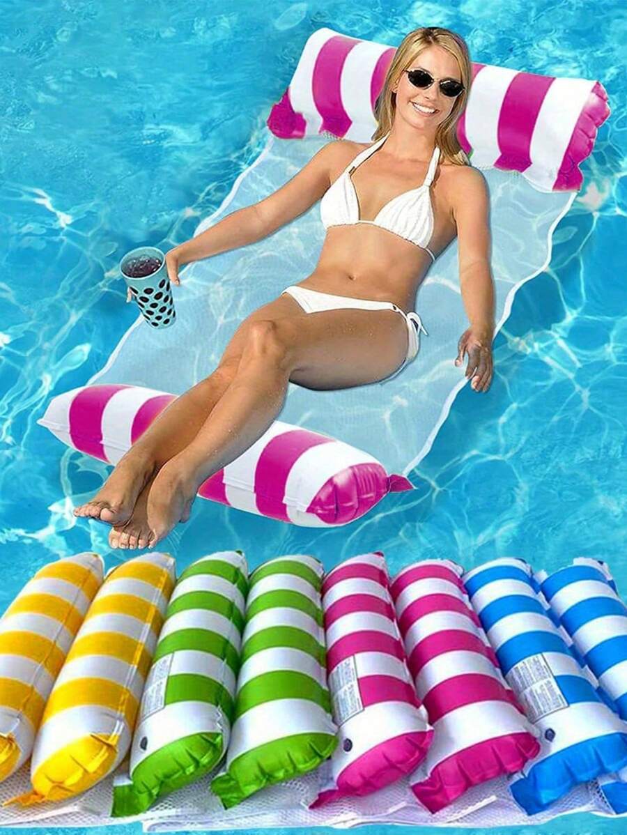 1 pieza Hamaca inflable a rayas, relajación, cama flotante con respaldo de malla, plegable, artículos esenciales de playa, juegos de natación, accesorios de playa, flotador de piscina