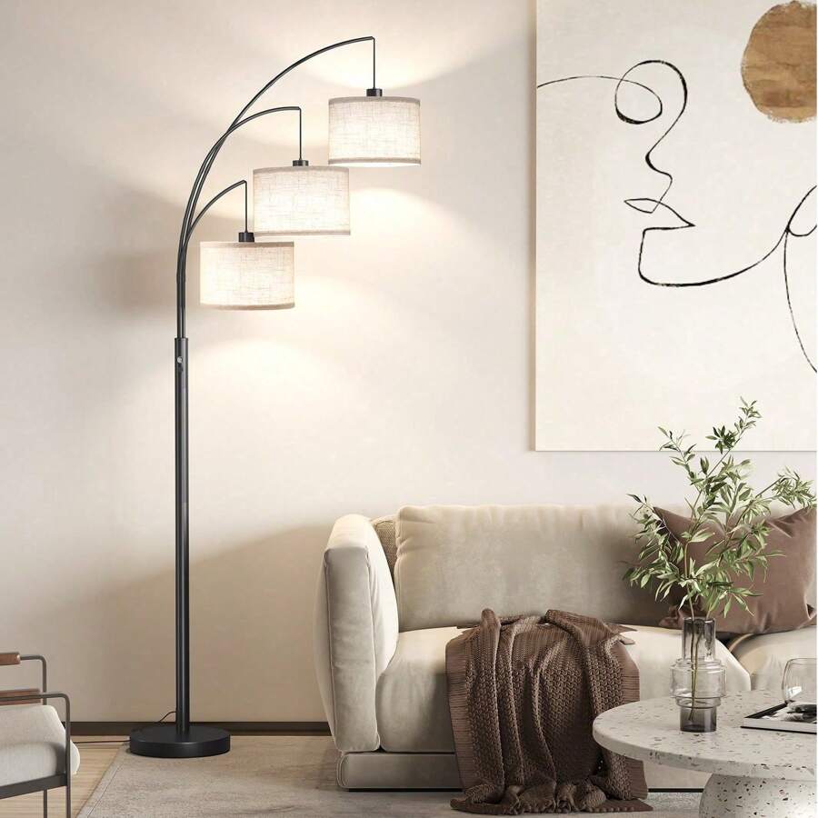 78" 3-Light Modern Ary Switch Black Arc Floor Lamp With Linen Drum