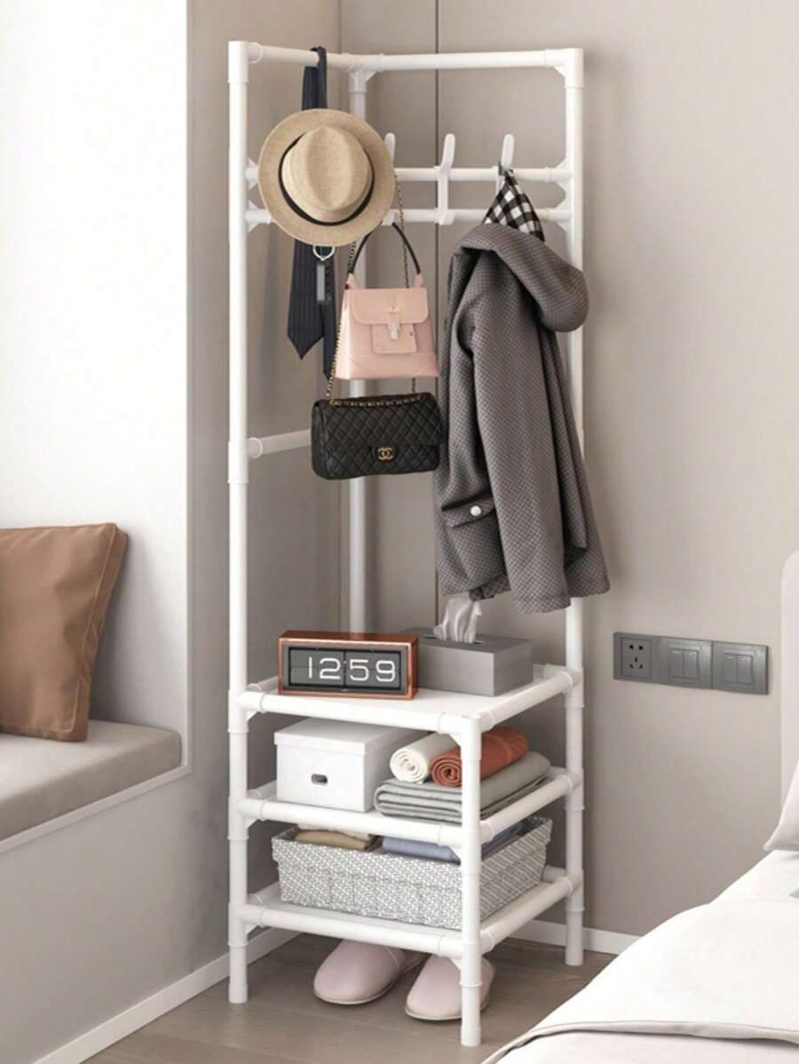 3-laags metalen kledingrek met haken en planken - Multifunctionele vrijstaande kledingorganizer, hoedenrek - roestvrijstalen kapstok voor slaapkamer, woonkamer - veelzijdige montage- en opbergopties