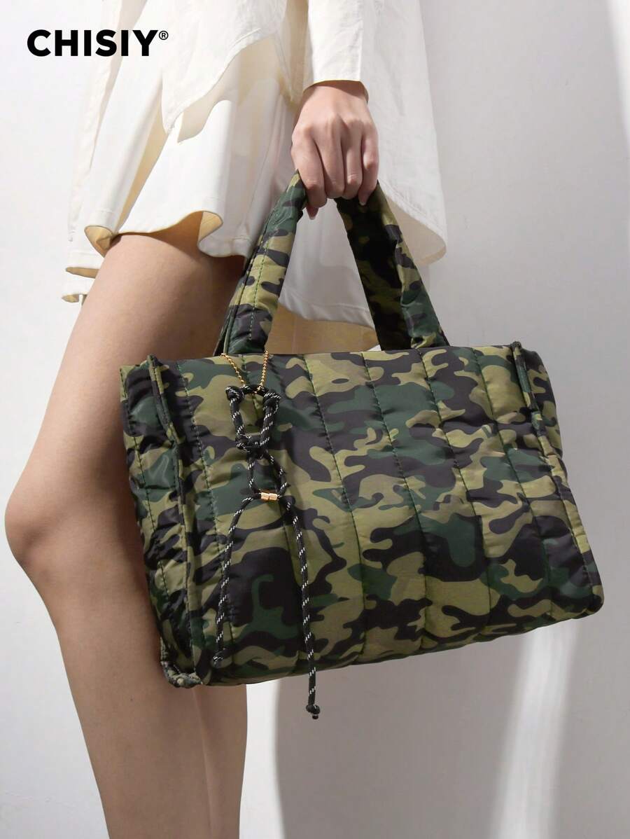 CHISIY Bolso de mano de lona con estampado de camuflaje verde, hecho a mano, con correa para el hombro, de gran capacidad, estilo casual y minimalista, unisex, adecuado para el trabajo, los viajes, las compras y los negocios, un regalo ideal para el Día de San Valentín y Año Nuevo, ideal para chaquetas de plumas de otoño/invierno