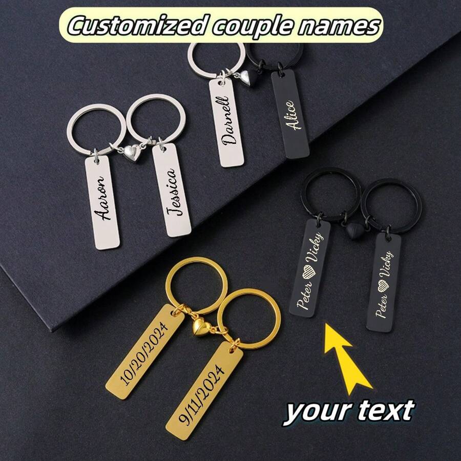 Custom Engraved Metal Keychain, New Personalized Simple Couple Gift Keychain Pendant Mirror Stainless Steel Long Heart Cute Style Accessories, Couple's Day Gift, Holiday Gift