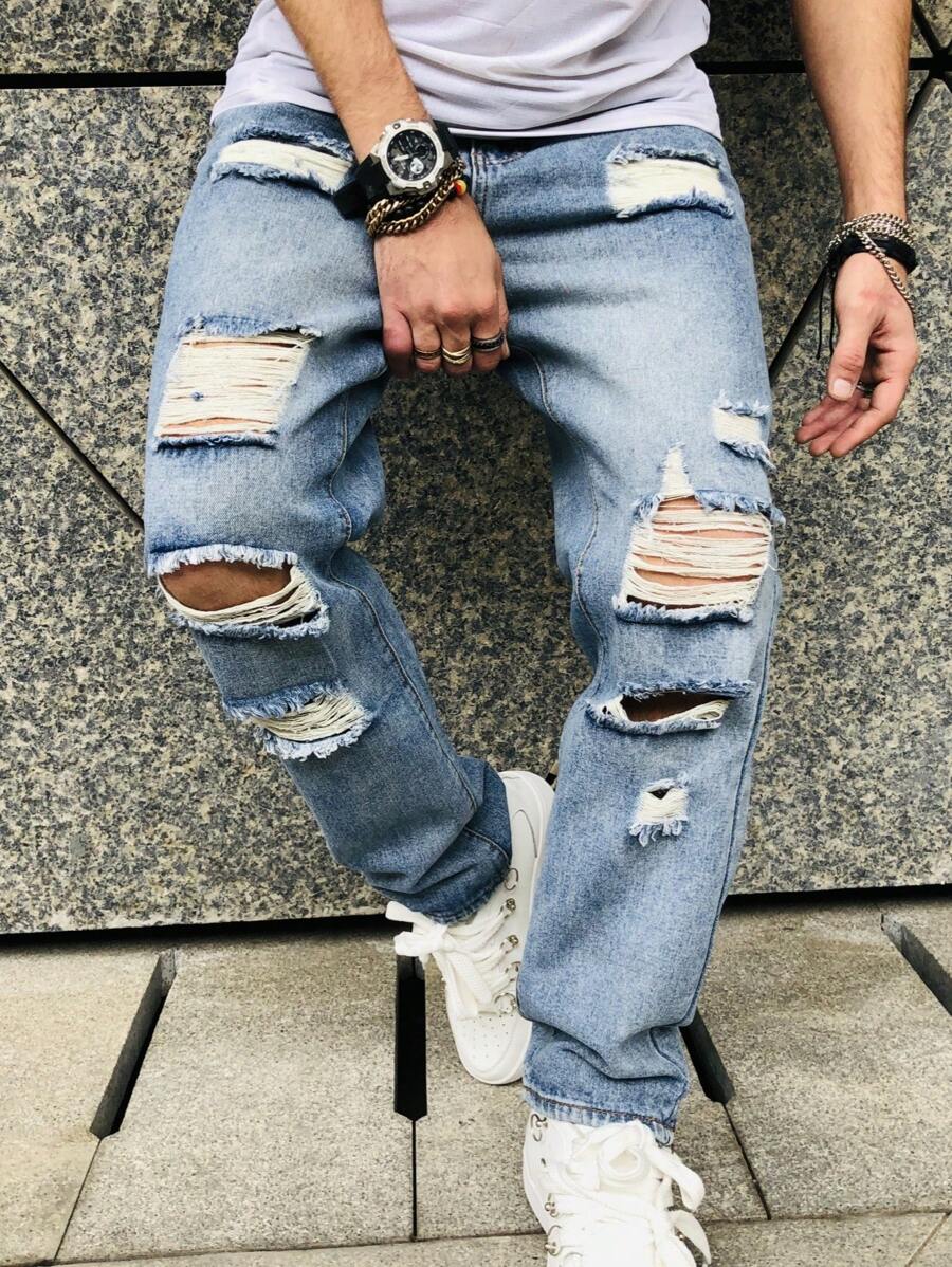 Jeans droits vintage délavé polyvalent et tendance, style déchiré, pour hommes
