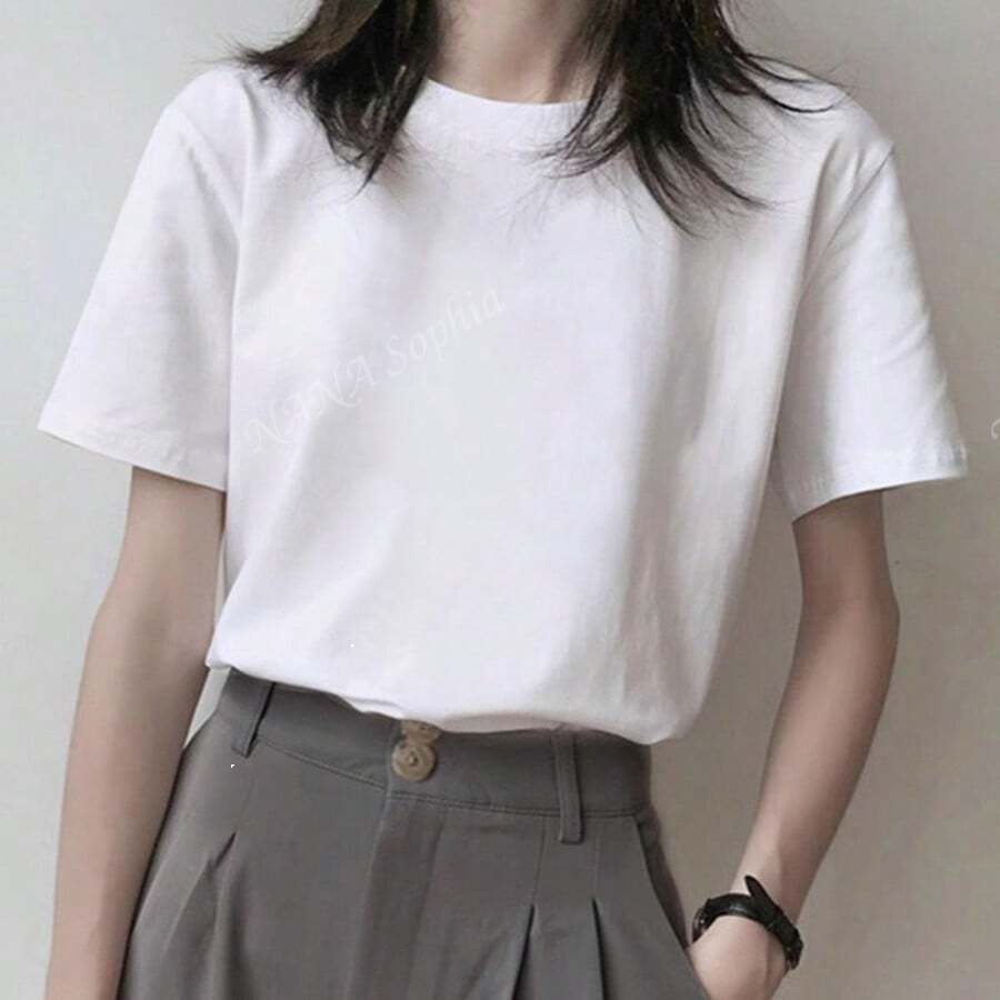 Maglietta casual da donna a maniche corte, girocollo monocolore, top estivo, collo lavorato con cura