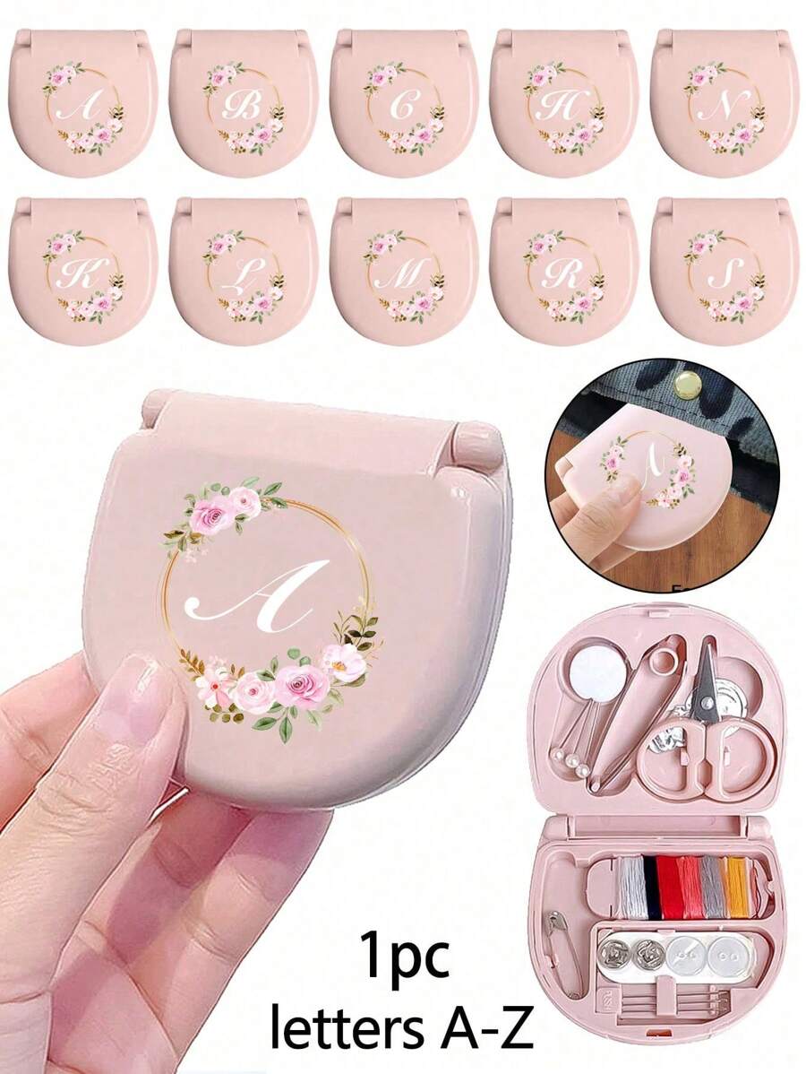 Flower Wreath Letters Sewing Tool Box With Pink Flower Initials, Letters A-Z, Perfect Gift For Beginners Sewing: 1 Portable Mini Sewing Set - Foldable, Diy Sewing Supplies And Accessories, Suitable For Travelers And Emergency Clothing Fixators, Mini Needle Box Portable Small Needle Bag Sewing Tool Combination Set Hotel Supplies(Pink)